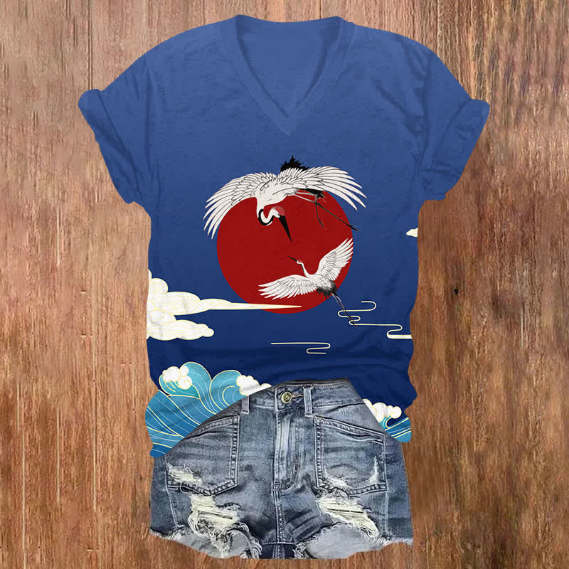 Japanese Sun & Crane Art Print V-neck T-shirt - Blue - US32-34(5XL) - image 3