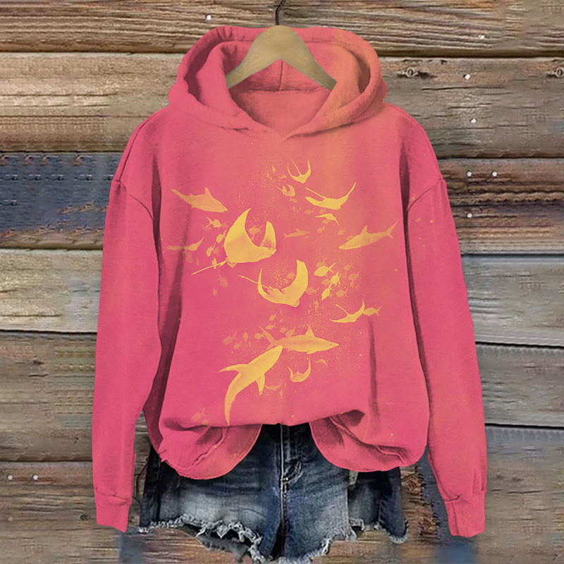 Ocean School Of Fishes Print Long Sleeve Hoodie - Pink - US44-46(8XL) - image 3