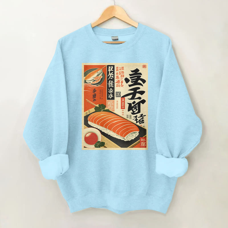 100% Cotton Retro Sushi Advertisement Print Round Neck Casual Fleece Sweatshirt - Blue - 2XL - image 4