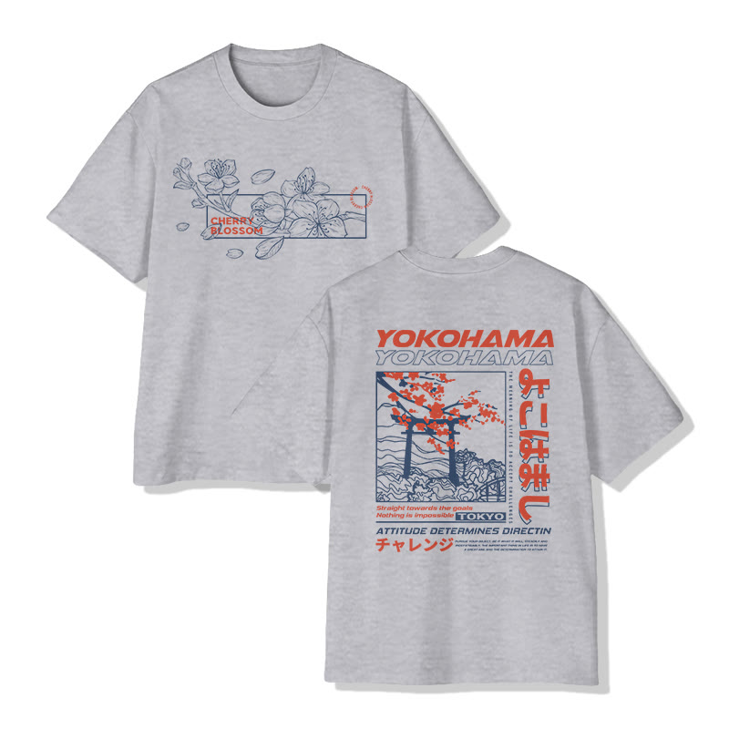 Unisex Japanese Cherry Blossom And Torii Gate Travel Pattern Art Pattern Cotton Print T-shirt - Grey - US20-22(3XL) - image 4