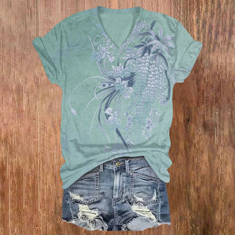 Floral Print V-neck T-shirt - Light Green - US32-34(5XL) - image 3