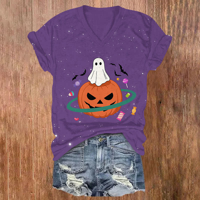 Halloween Space Pumpkin Candy Planet Ghost Print V-neck T-shirt - Purple - US32-34(5XL) - image 3
