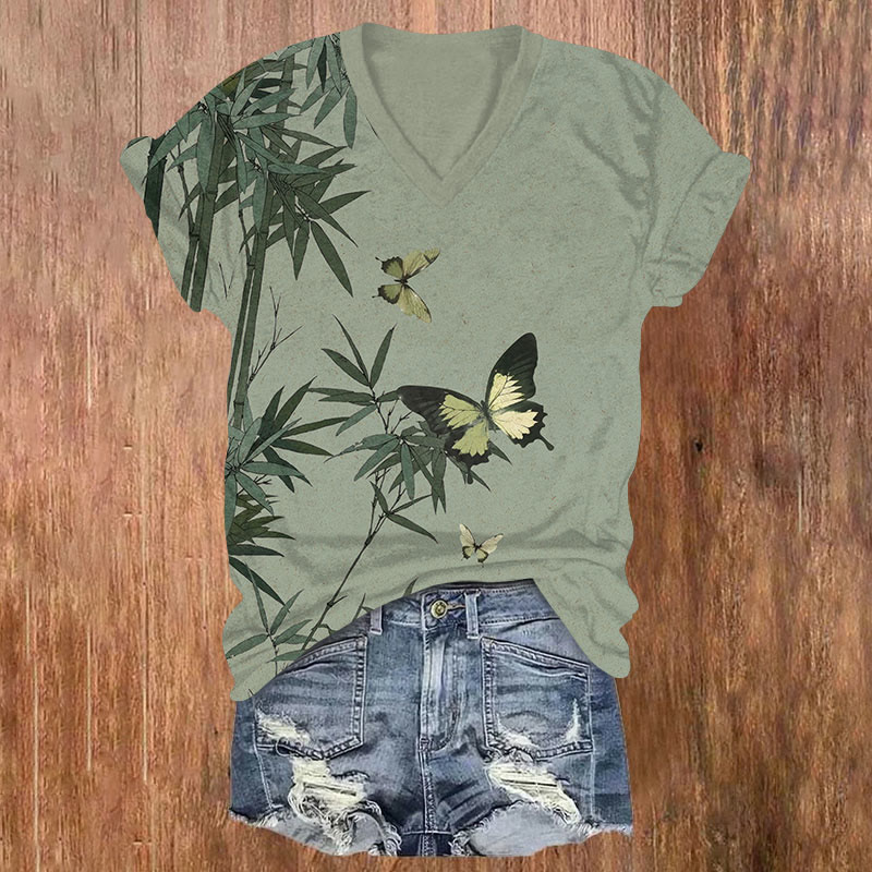 Japanese Bamboo Forest Butterfly Print V-neck T-shirt - Light Green - US32-34(5XL) - image 3