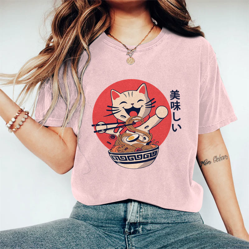 100% Cotton Women's Japanese Happy Cat Eating Noodles Art Print Casual T-shirt - Pink - 2XL - image 3