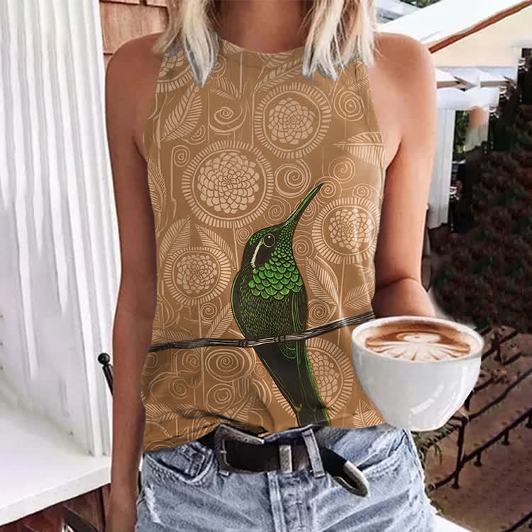 Vintage Geometric Flowers And Birds Pattern Print Crew Neck Tank Top - Khaki - 5XL - image 3