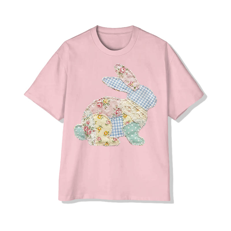 Trendy Pastoral Floral Bunny Patchwork Printed Cotton T-shirt - Pink - 2XL - image 10