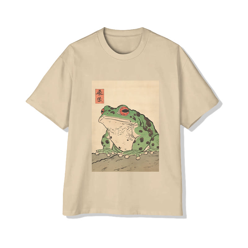 UnisexJapanese Retro Frog Print Short Sleeved Crew Neck T-Shirt - Apricot - 2XL - image 4