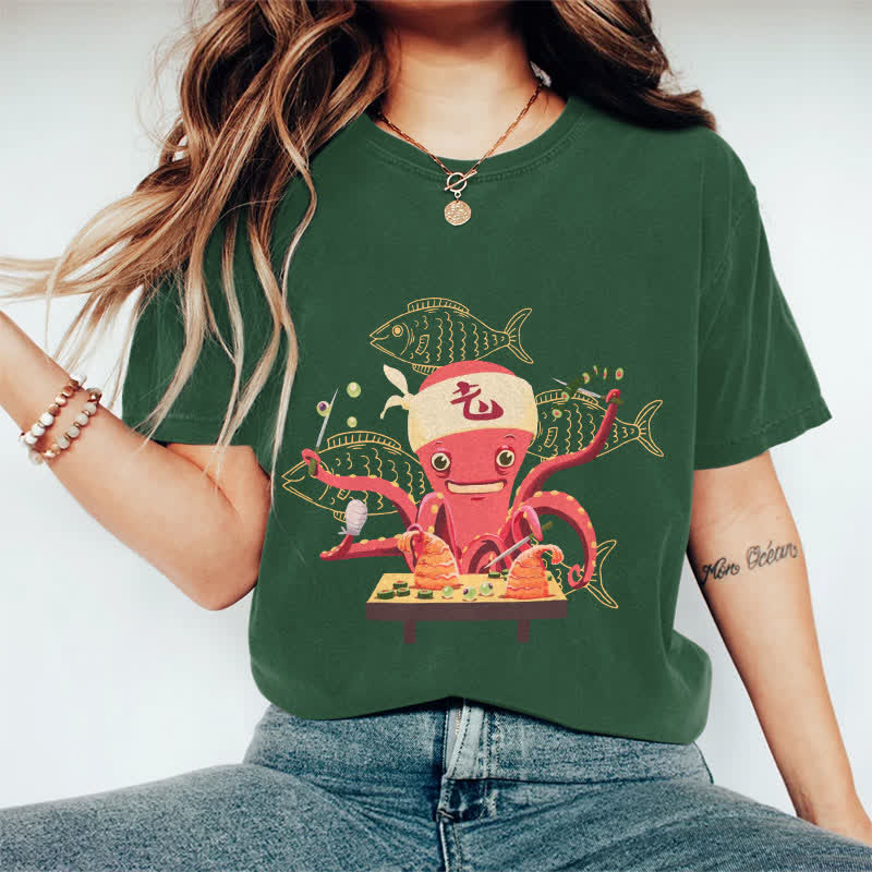 100% Cotton Japanese Octopus Making Sushi Art T-shirt - Dark Green - 2XL - image 10
