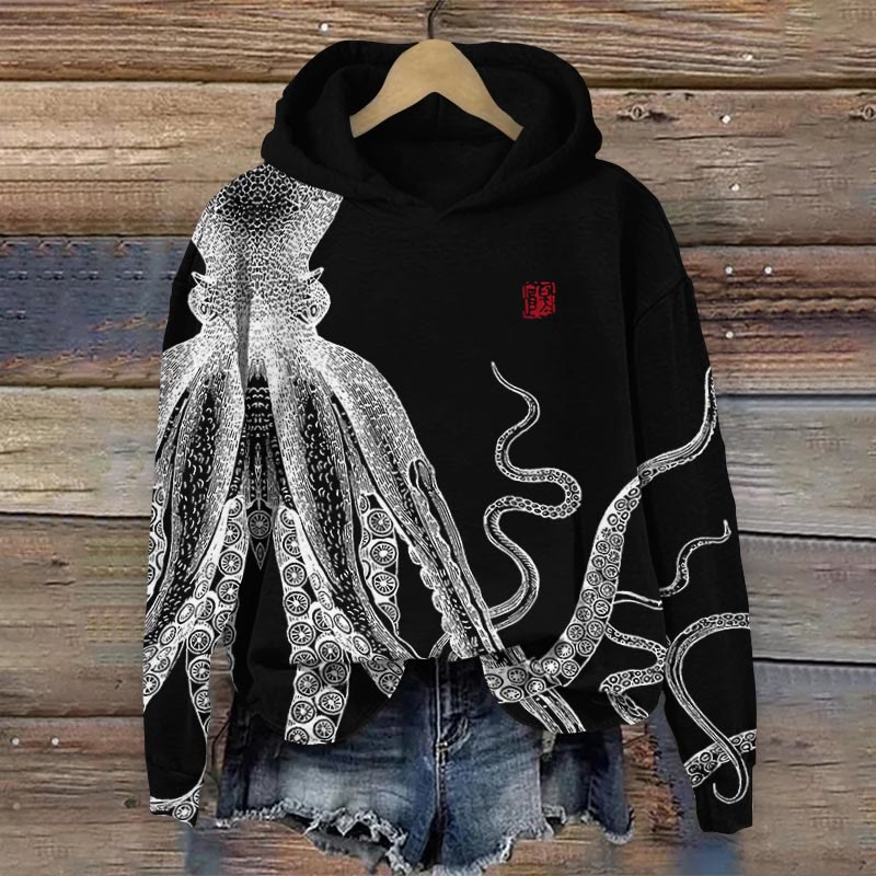Dashingsoul Japanese Art Octopus And Crab Print Casual Long Sleeve Hoodie
