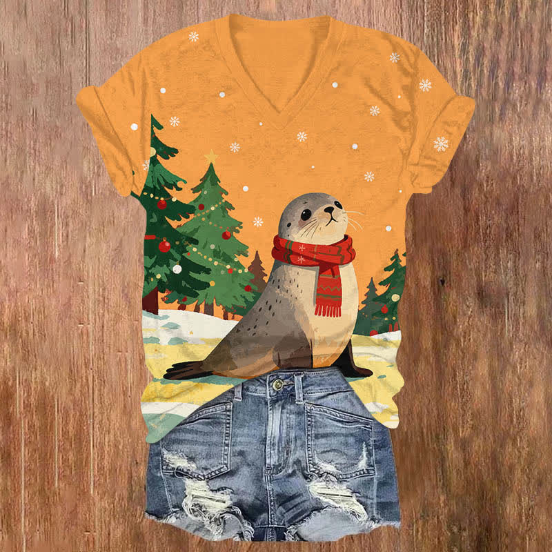 Christmas Winter Snowy Seal With Scarf Art Print V-neck T-shirt - Orange - US32-34(5XL) - image 6