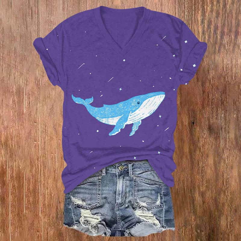 Japanese Lovely Whale In Starry Sky Art Print V-neck T-shirt - Purple - US32-34(5XL) - image 2