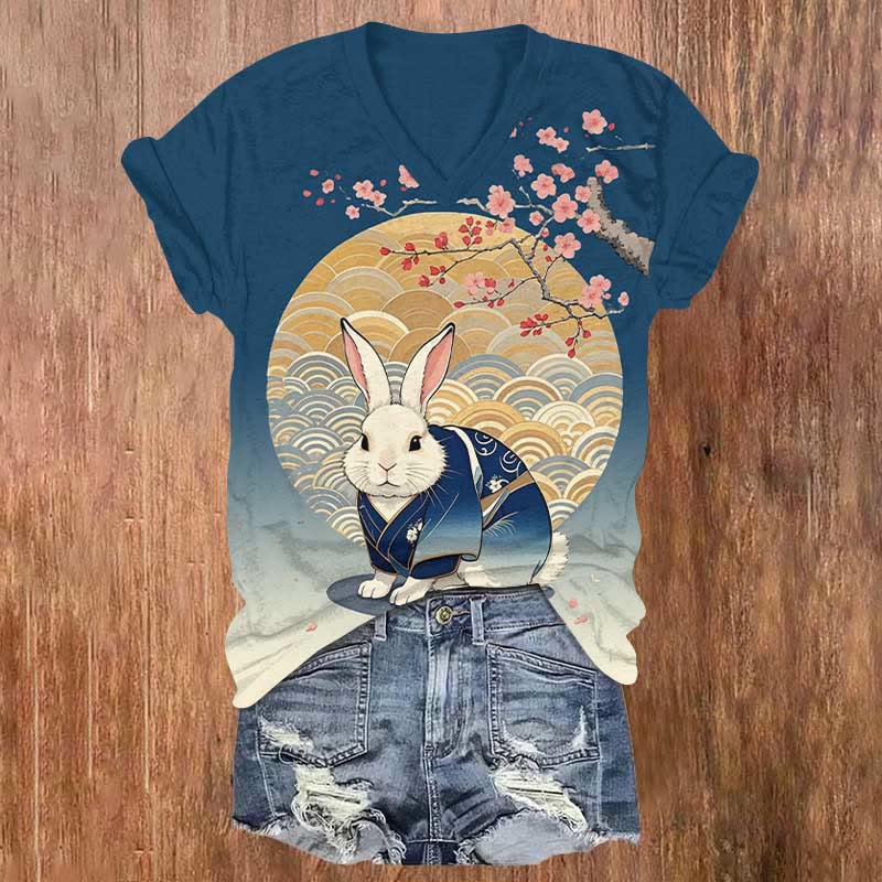 Japanese Wave Moon & Kimono Rabbit Art Print V-neck T-shirt - Blue - US32-34(5XL) - image 3