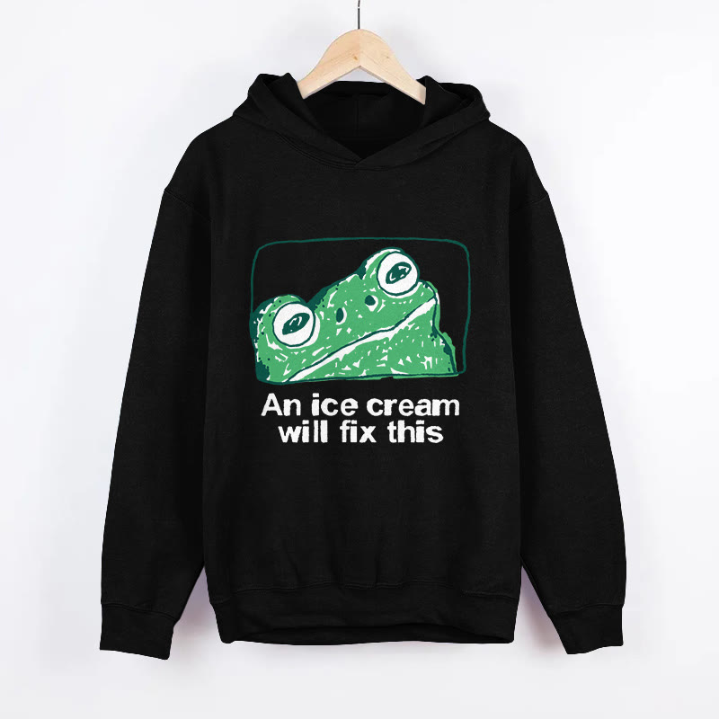 Unisex An Ice Cream Will Fix This Frog Pattern Long Sleeved Hoodie - Black - US44-46(8XL) - image 5