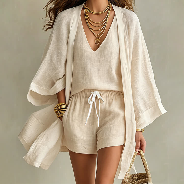 Cozy Solid Texture V-neck Vest & Short & Kimono Cardigan 3-piece Set - Apricot - 3XL - image 4