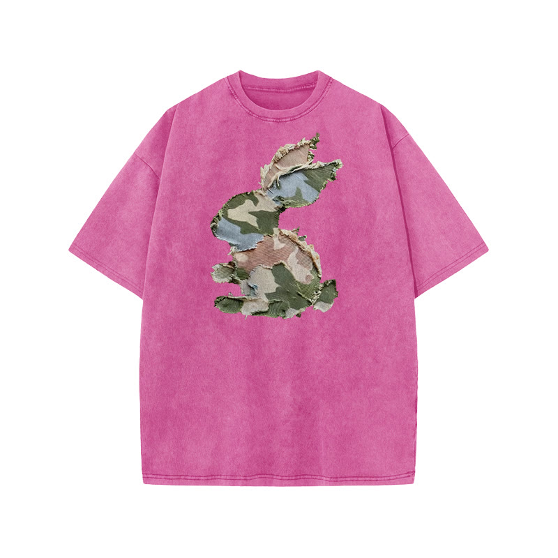 Unisex Easter Camouflage Bunny Irregular Pattern Pattern Art Print Acid Washed T-shirt - Rose - US20-22(3XL) - image 9