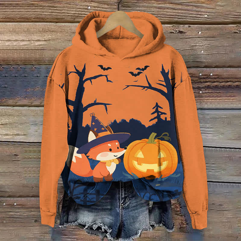 Halloween Night Cute Wizard Fox & Pumpkin Art Print Long Sleeve Hoodie - Orange - US44-46(8XL) - image 3