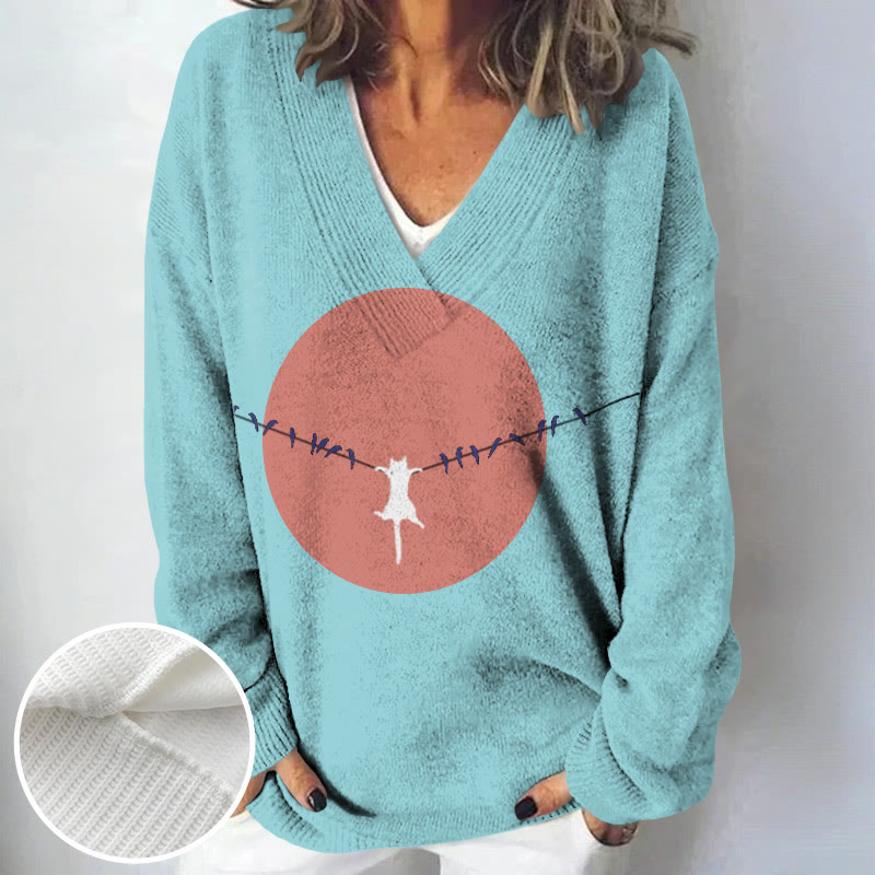 Women's Abstract Creative Dangling Cute Cat Print Causal V-neck Pullover Sweater - Lake Blue - 4XL - image 2
