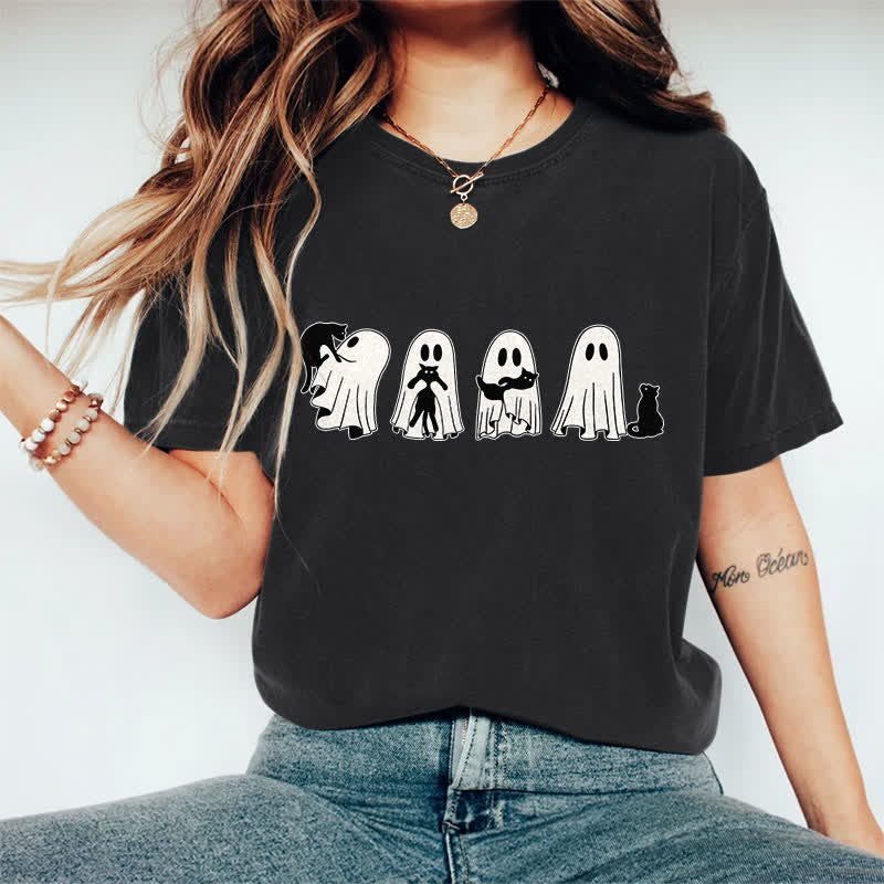 100% Cotton Halloween Ghost Playing With Cats Art Print T-shirt - Black - 2XL - image 4