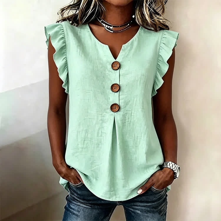 Solid Button Ruffle Sleevesless V-neck Top Blouse - Mint - US32-34(5XL) - image 5