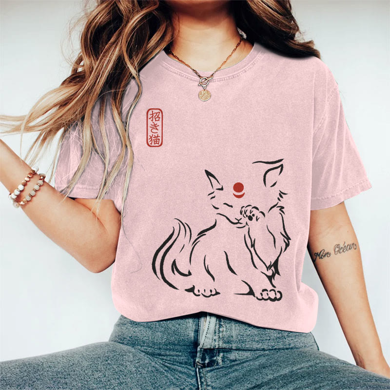 100% Cotton Women's Japanese Abstract Lucky Cat Art Print Casual T-shirt - Pink - 2XL - image 4