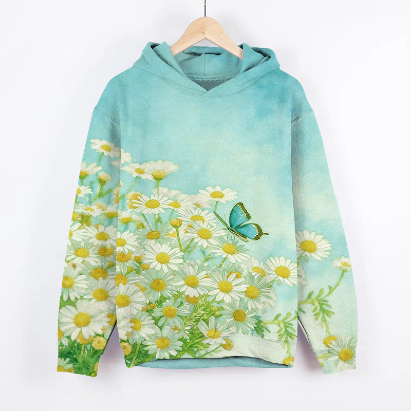 Watercolor Daisy & Butterfly Art Print Long Sleeve Hoodie - Green - US44-46(8XL) - image 3