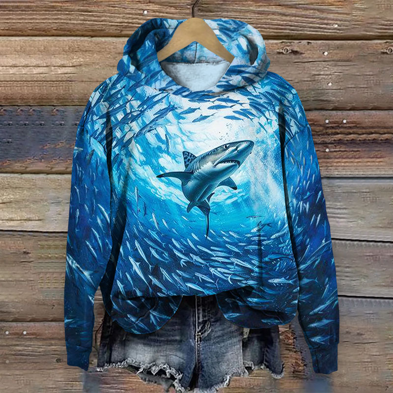 Shark Print Long Sleeve Hoodie - Blue - 8XL - image 1