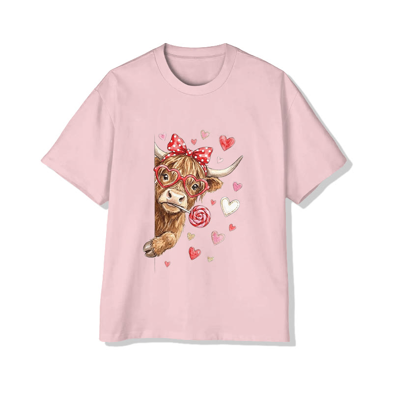Unisex Lovely Valentine Highland Cow Print Short Sleeved Crew Neck T-shirt - Pink - 2XL - image 5