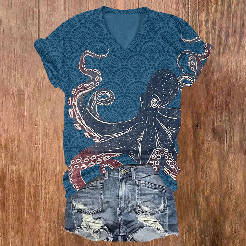 Japanese Octopus Geometry Print Short Sleeved V-neck T-shirt - Blue - US32-34(5XL) - image 3