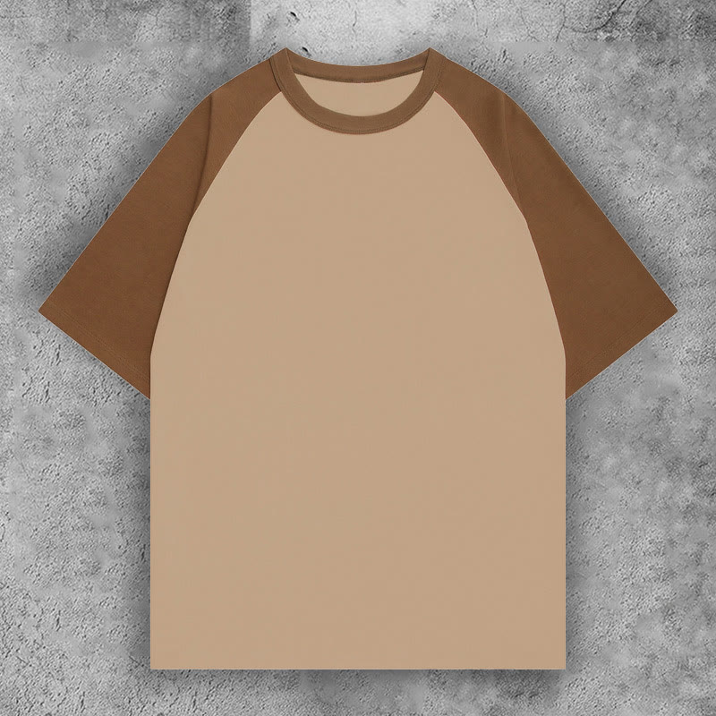 100% Cotton Contrast Solid Color Raglan Sleeve T-shirt - Coffee+Khaki - 3XL - image 10