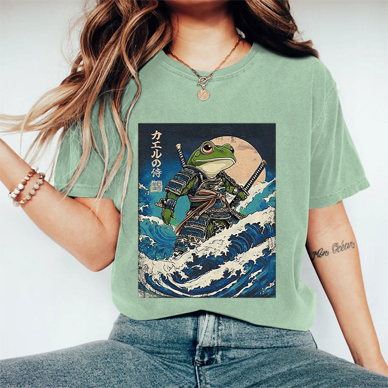 100% Cotton Women's Japanese Ocean Wave Samurai Frog Art Print Casual T-shirt - Green - 2XL - image 6