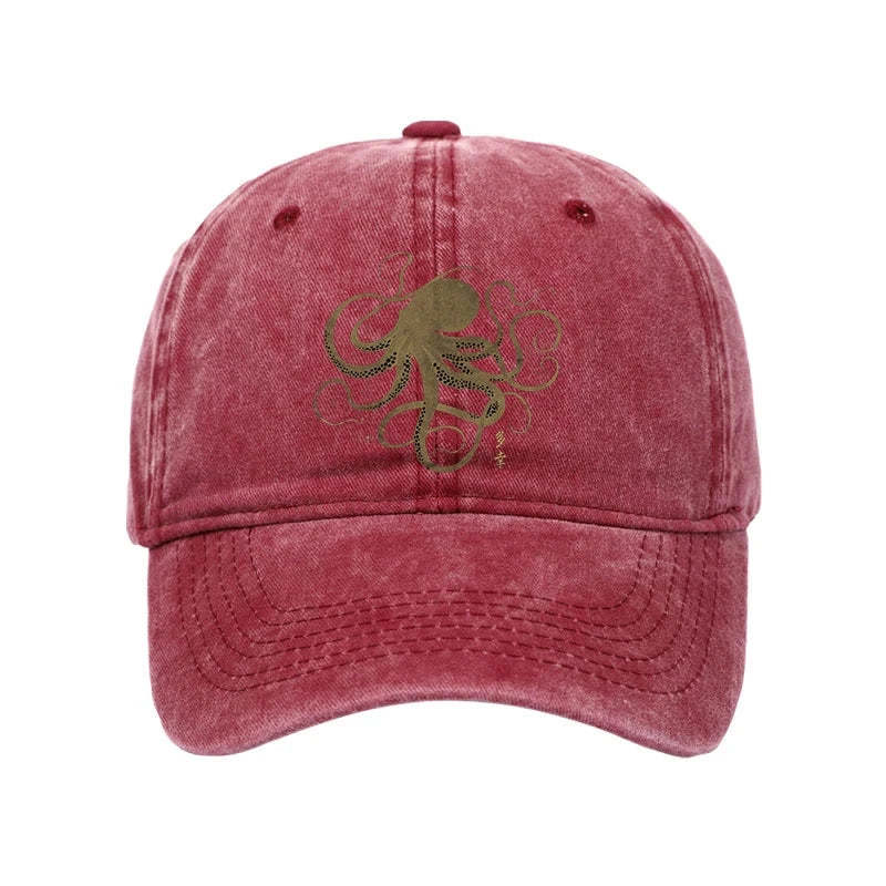 Unisex 100% Cotton Octopus Japanese Gold Print Tattoo Vintage Print Cap - Rose - one size - image 5