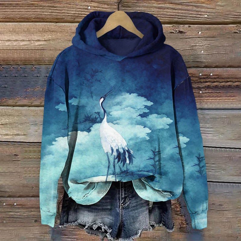 Retro Watercolor Elegant White Crane Art Print Long Sleeve Hoodie - Blue - US44-46(8XL) - image 2