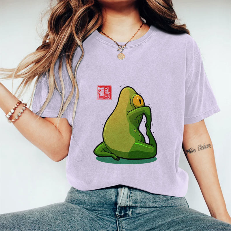 100% Cotton Funny Frog Yoga Art Print Casual T-shirt - Purple - 2XL - image 9