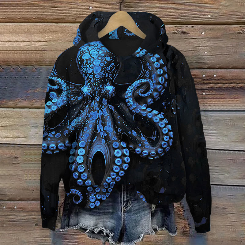 Vintage Octopus Art Print Long Sleeve Hoodie - Dark Blue - 8XL - image 2