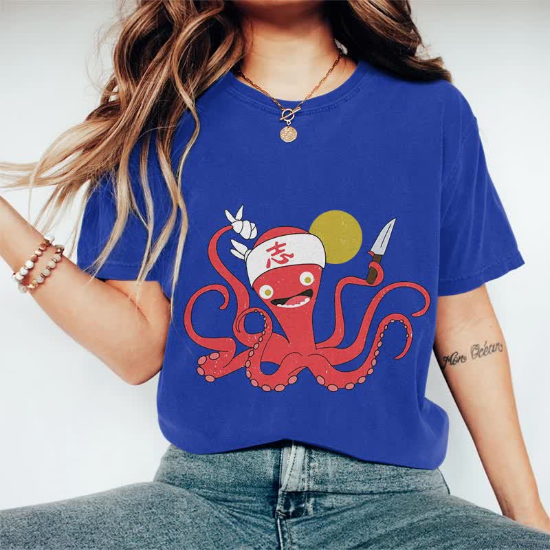 100% Cotton Japanese Funny Octopus Chef Art T-shirt - Royal Blue - 2XL - image 3
