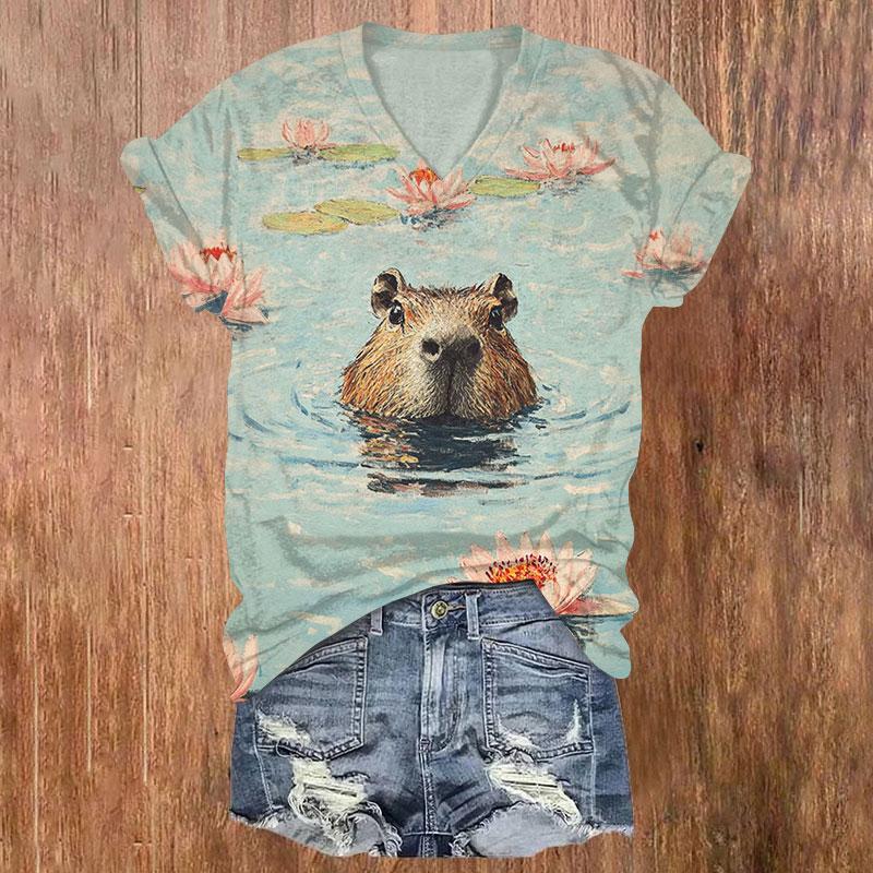 Fun Otter And Lotus Print T-shirt - Blue - 5XL - image 1