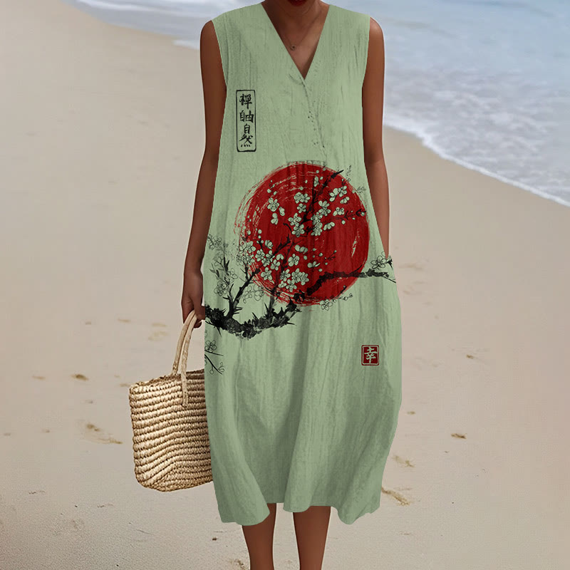 Women's Sunrise Japanese Art Print V-neck Sleeveless Dress - Green - 5XL - image 4