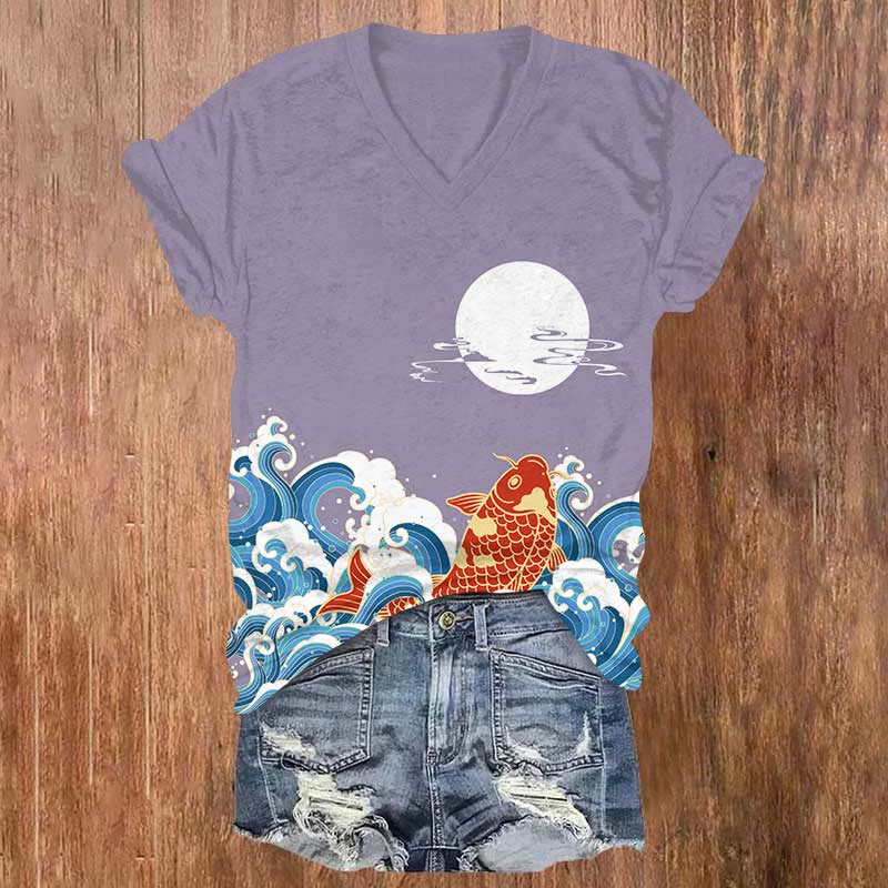 Japanese Vintage Koi In The Ocean Wave Print V-neck T-shirt - Light Purple - US32-34(5XL) - image 3