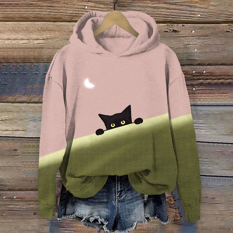Black Cat Colorblock Art Print Long Sleeve Hoodie - Pink - 8XL - image 3