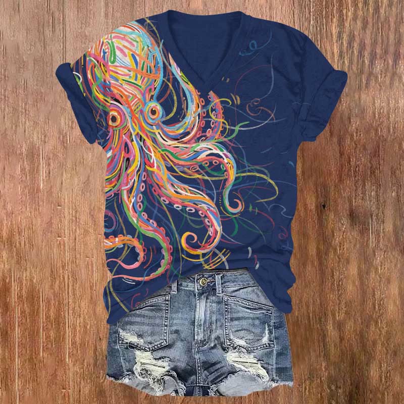 Print V-neck T-shirt - Royal Blue - US32-34(5XL) - image 7