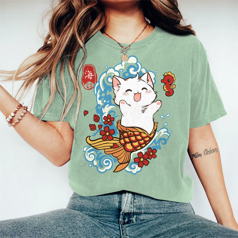 100% Cotton Women's Japanese Sakura White Fish Cat Art Print Casual T-shirt - Green - 2XL - image 3