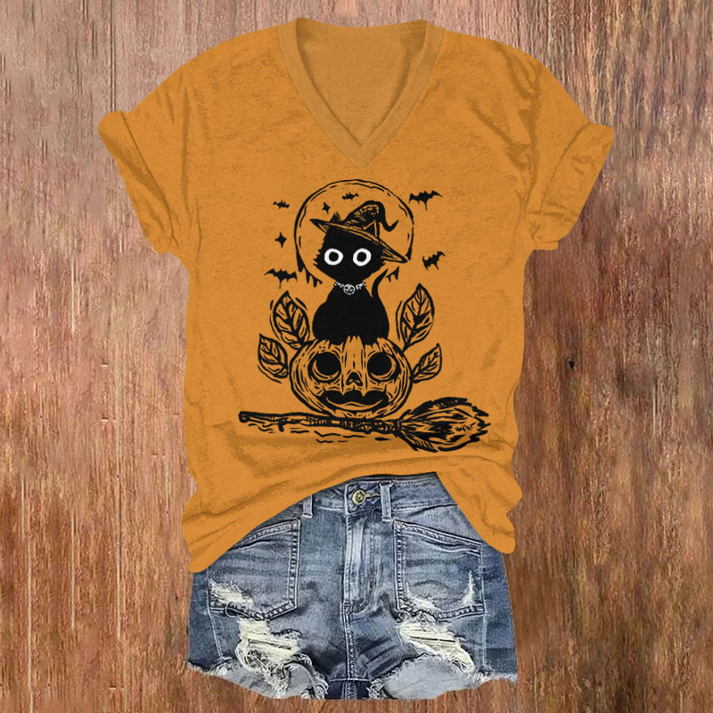 Women's Halloween Ink Watercolor Pumpkin Cat Art T-shirt - Orange - US32-34(5XL) - image 2