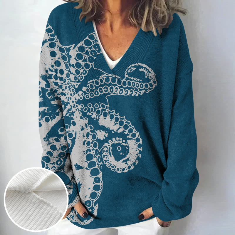 Women's Octopus Asymmetric Print Causal V-neck Pullover Sweater - Lake Blue - 4XL - image 4