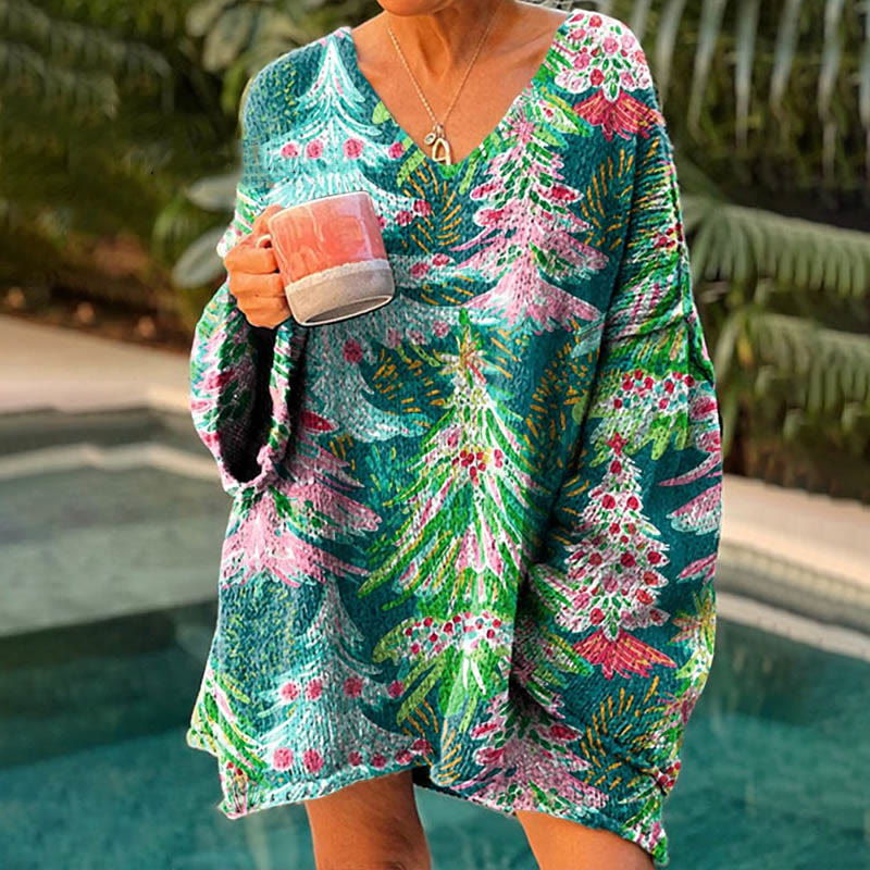 Women's Colorful Christmas Tree Art  Print V-neck Pullover Sweater - image 2