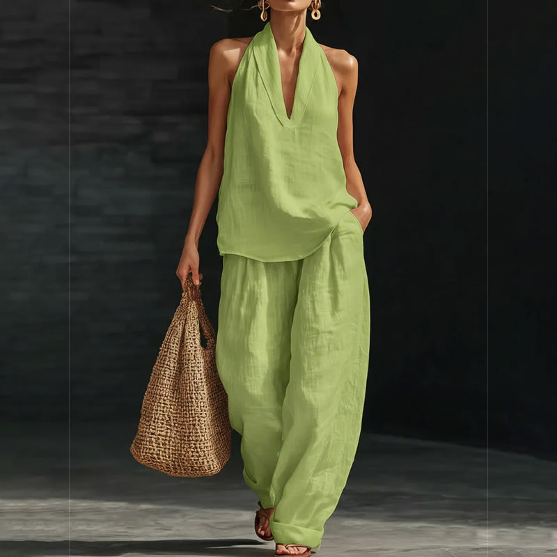 Cozy Loose-fitting Solid Lapel Halter-neck Sleeveless Top&pants Set - Light Green - 5XL - image 4