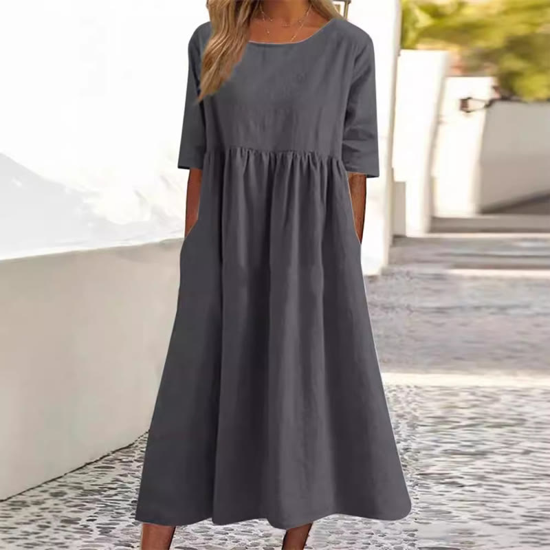 Elegant Solid Round-neck Short-sleeve Midi Dress - Dark Grey - 5XL - image 4