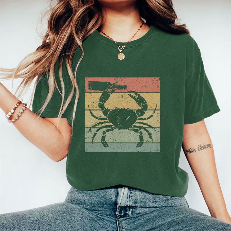 100% Cotton Women's Vintage Funny Crab Holding Beer Bottle Art Print Casual T-shirt - Dark Green - 2XL - image 6