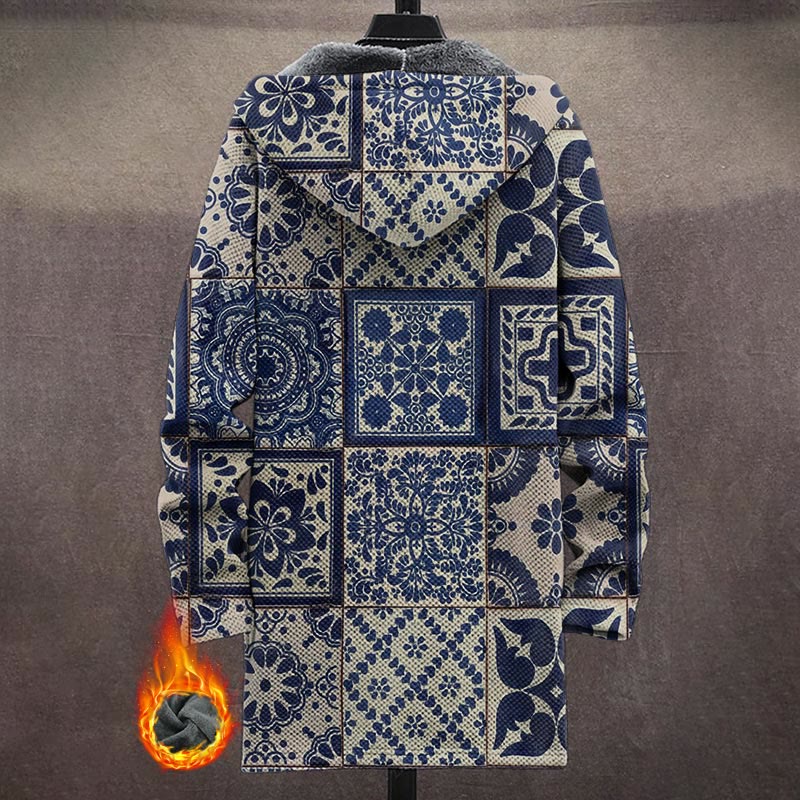 Vintage Blue Ethnic Floral Art Print Unisex Plush Thick Long-sleeved Fleece Jacket Coat - image 3