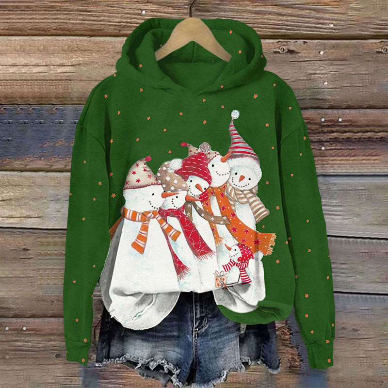 Christmas Snowmen Wearing Scarves And Snow Hats Lining Up Print Long Sleeve Hoodie - Green - US44-46(8XL) - image 3