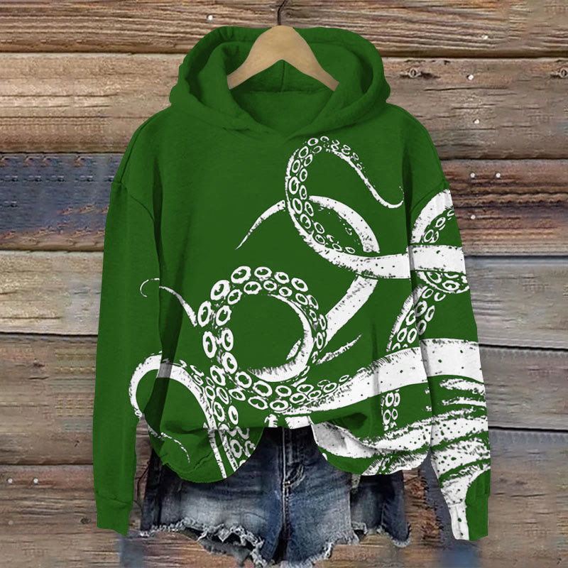 Contrast Octopus Tentacles Print Long Sleeve Hoodie - Green - 8XL - image 5